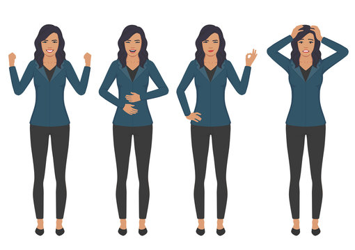  vector illustration of a woman character expressions with hands gesture, cartoon businesswoman wit different emotion 