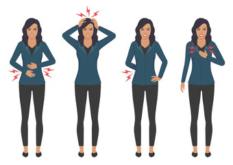  vector illustration of a sick woman with ache problems, head chest back and stomach pain 