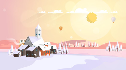 Flat Style Beautiful Landscape Illustration, with Little Town and Church..