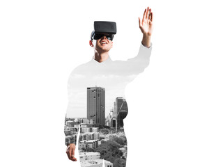 Guy wearing checked shirt and virtual mask stretching hand to touch something