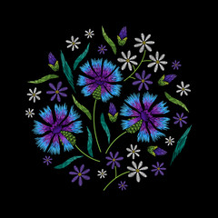 Embroidery circle floral pattern with chamomile and cornflower
