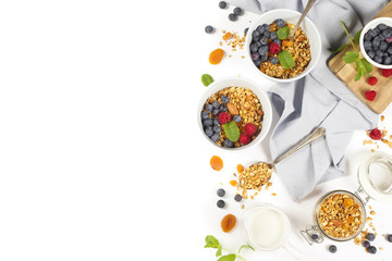 Healthy breakfast -  Homemade granola, honey, milk and berries