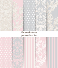 Damask patterns set Vector. Baroque ornament decor. Vintage background. Delicate combination pastel color fabric textures