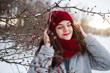 Portrait of gentle girl in gray coat , red hat and scarf near the branches of a snow-covered tree.