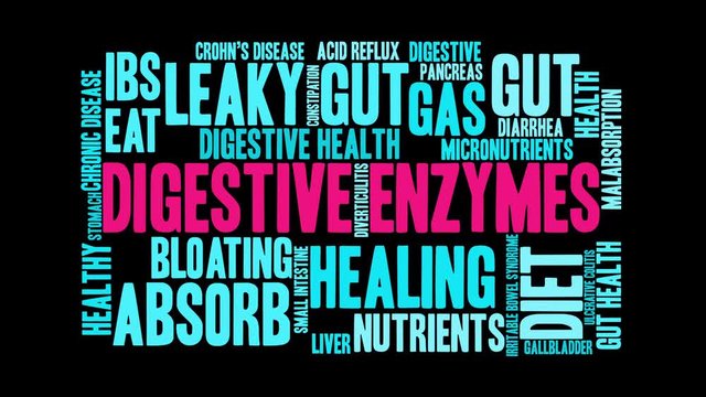 Digestive Enzymes Animated Word Cloud on a black background. 