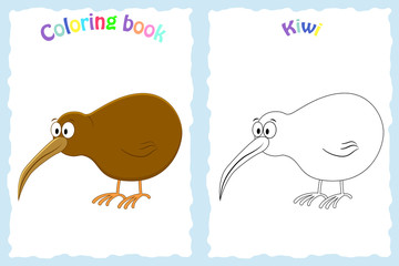 Coloring book page for preschool children with colorful kiwi bird and sketch to color