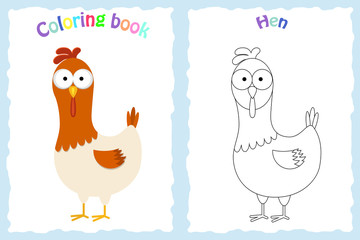 Coloring book page for preschool children with colorful hen and sketch to color