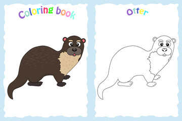 Coloring book page for preschool children with colorful otter and sketch to color