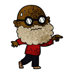 cartoon worried man with beard and spectacles pointing finger
