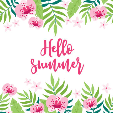 Summer greeting card with palm leaves and orchids