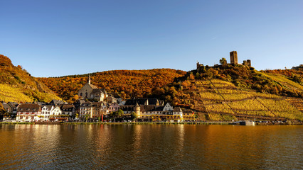 Die Mosel mit Blick auf Beilstein und Burg Metternich zur goldenen Stunde.