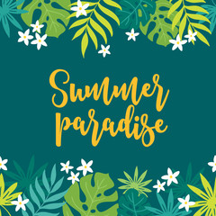 Summer greeting card with tropical leaves and flowers