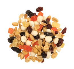 Top view of yogurt covered raisin trail mix isolated on a white background.