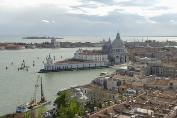 Fototapeta na wymiar Basilica di Santa Maria della Salute, Grand Canal and lagoon. Aerial view of Venice from San Marco bell tower, Italy. 