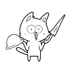 funny cartoon cat with hat and umbrella