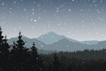 Fototapeta premium Vector illustration of winter mountain landscape with forest and falling snow