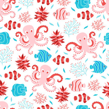 Seamless pattern with octopus, fish and seaweed
