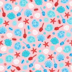 Seamless pattern with shells and starfish on pink background