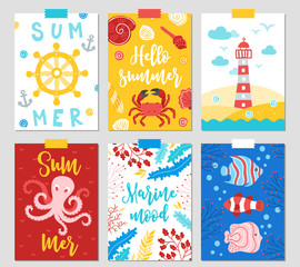 Set of six ocean cards with anchor, crab, lighthouse, octopus