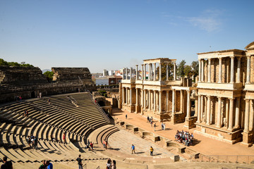 Marida, Spain - October 10, 2017 : View of fragments of architecture of theatre and amphitheater in old town in Merida. Ancient rome city in Europe. Spanish museum outdoors.