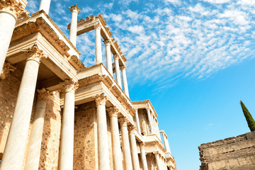  Marida, Spain - October 10, 2017 : View of fragments of architecture of theatre and amphitheater in old town in Merida. Ancient rome city in Europe. Spanish museum outdoors.