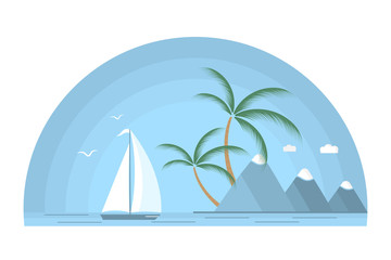Fototapeta na wymiar A ship with a white sail against the background of a tropical island with palm trees and mountains. Seascape. Design for a travel company, for water sports, for the yacht club.