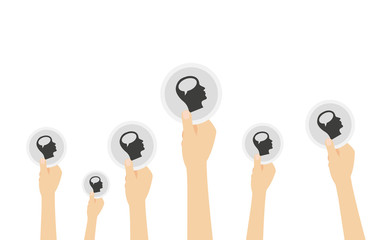 Hände halten Kopf mit Sprechblase