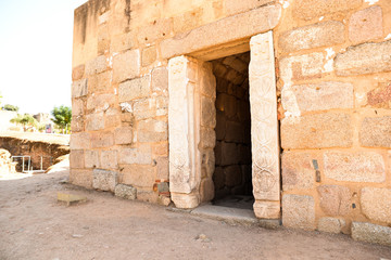 Marida, Spain - October 10, 2017 : View of fragments of architecture of theatre and amphitheater in...