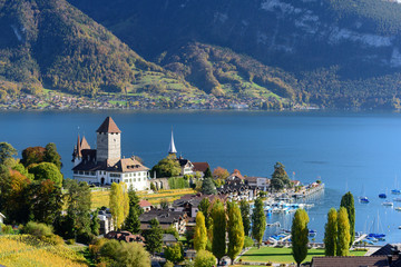 View of lake Thun in Switzerland during autumn season from Spiez train station
