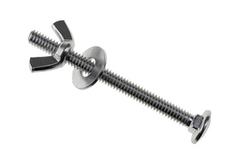 Top view of an assembled wing nut, bolt and washer isolated on a white background.