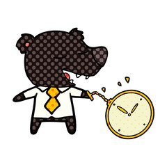 cartoon bear wearing shirt and tie holding watch