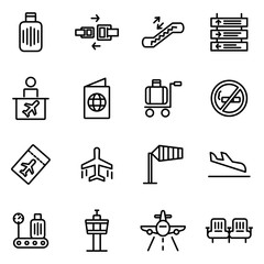 Airport vector icons. Contains icons such as plane, plane, taxi, passenger, suitcase icon, inspector, ticket, airplane, mobile checking, suitcase, baggage get