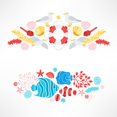 Fototapeta na wymiar Set of ocean designs with seagull, lifebuoy, shell, starfish, seaweed