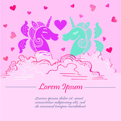 Cute pink template with pink and blue Unicorns with wings in clouds. It can be used for wedding, invitation, birthday, St. Valentine's Day, party, child birth, greetings. Vector illustration.