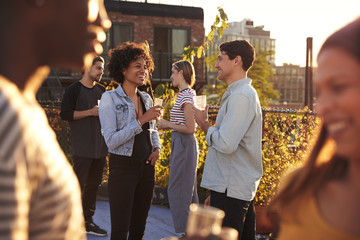 Friends socialising at a rooftop party, backlit by sunlight - obrazy, fototapety, plakaty
