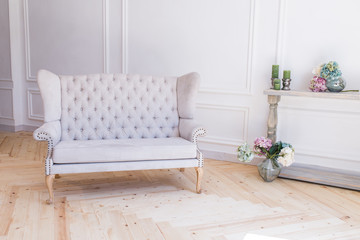 Grey sofa on the white background. Room interior