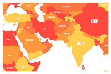 Political map of South Asia and Middle East countries. Simple flat vector map in four shades of orange.