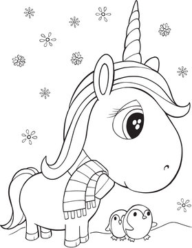 Winter Holiday Unicorn and Penguins Vector Illustration Art