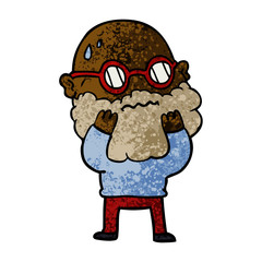 cartoon worried man with beard and spectacles