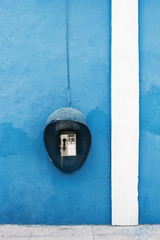 Public phone on the blue wall.