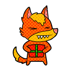 fox cartoon character with present