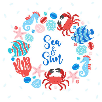 Ocean wreath with crab, fish, sea horse, starfish, shell