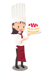 いちごのケーキを持つ女性パティシエのイラスト画像