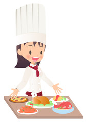 料理を完成させた女性シェフのイラスト画像