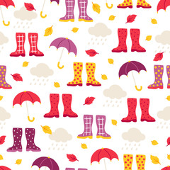 Seamless pattern with cloud, rain, leaves, gumshoes and umbrella