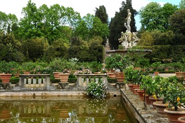 Fototapeta na wymiar Pond in the Boboli Garden (Palazzo Pitti), during a sunny day in spring season. Florence, Italy. 