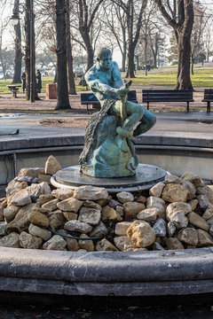 Belgrade, Serbia January 27, 2016: Fountain fisherman (Fight) or Illyrian fisherman located on the main park Kalemegdan