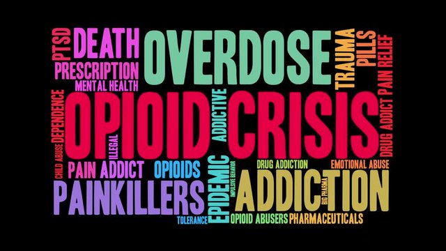 Opioid Crisis Animated Word Cloud on a black background. 