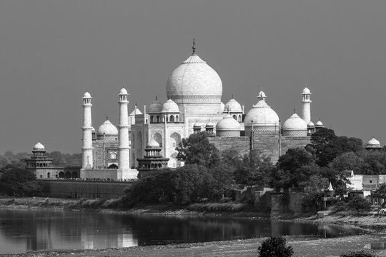 Black And White Aerial View Of Taj Mahal From Agra Fort, Agra, Uttar Pradesh, India