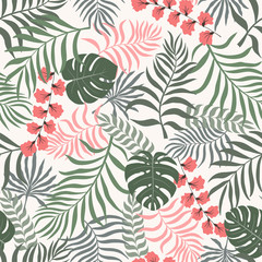 Naklejka na ściany i meble Tropical background with palm leaves. Seamless floral pattern. Summer vector illustration
